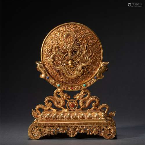 A CHINESE GILT BRONZE DRAGON TABLE SCREEN