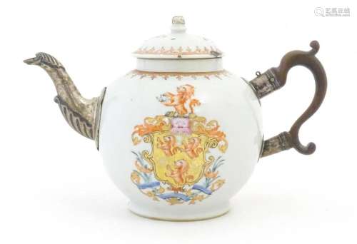 A Chinese Export teapot with silver plate spout, decorated w...