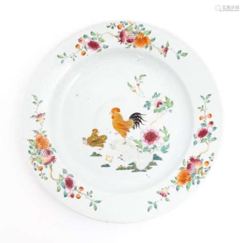 A Chinese famille rose plate decorated with cockerel / roost...