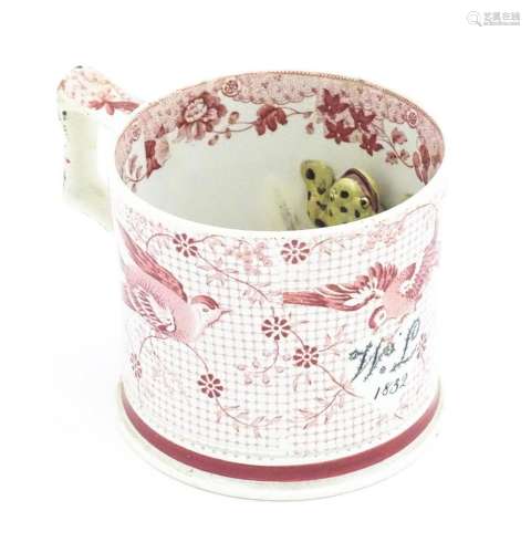 A 19thC frog mug, the exterior decorated with transfer print...