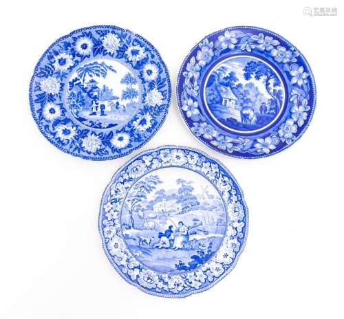 Three 19thC blue and white plates to include a Rogers plate ...