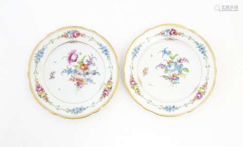 Two Dresden plates decorated with flowers and foliage with g...