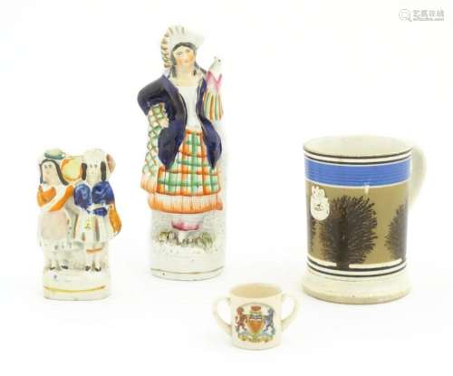 Four assorted ceramic items comprising a mochaware mug with ...