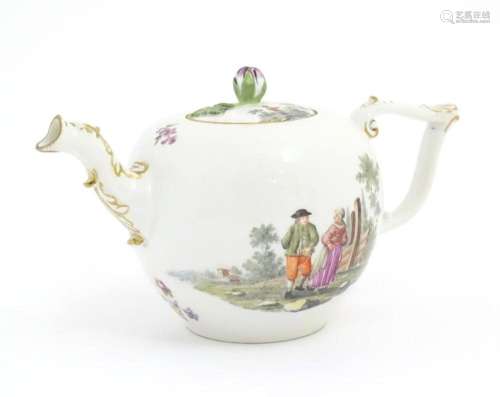 A Meissen teapot decorated with pastoral scenes with figures...