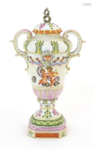 A Capodimonte twin handled vase and cover with hand painted ...