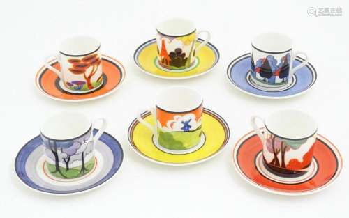 Six Wedgwood Clarice Cliff Centenary coffee cups and saucers...