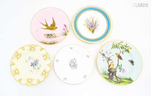 Five assorted hand painted plates depicting flowers, birds, ...