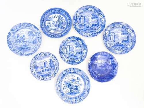 Eight assorted blue and white plates, patterns to include Wi...