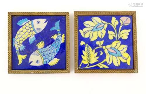 Two Continental tiles with a cobalt blue ground, one decorat...