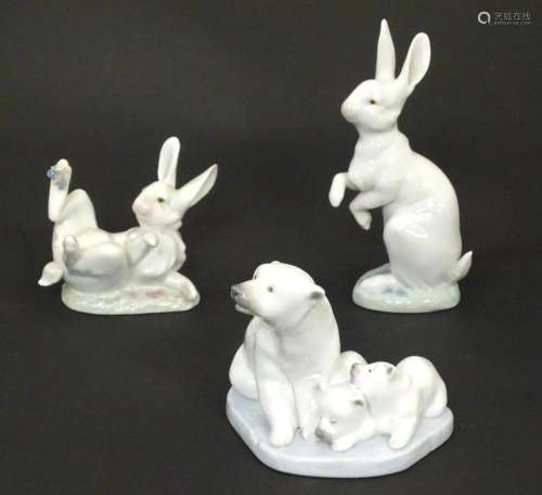 Three Lladro models of animals comprising Hippity Hop rabbit...