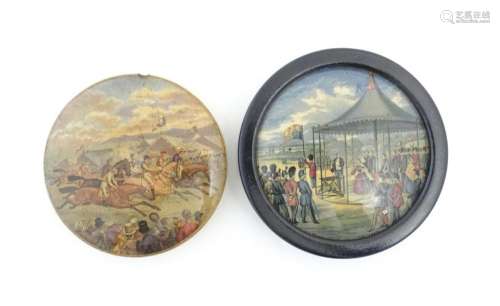 Two Prattware pot lids comprising Derby Day Horse Racing, an...