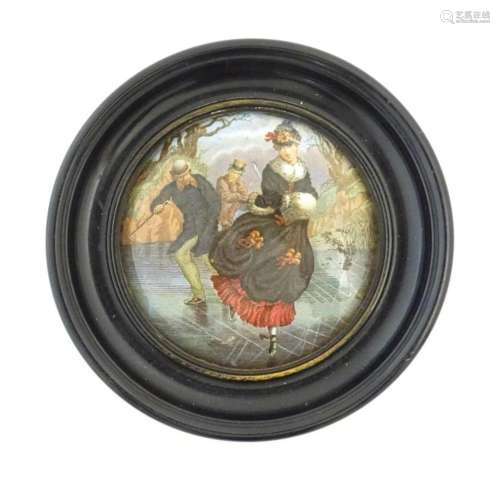 A Prattware pot lid depicting figures ice skating. Approx. 4...