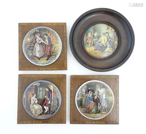 Four Prattware pot lids comprising Hide and Seek, Persuasion...