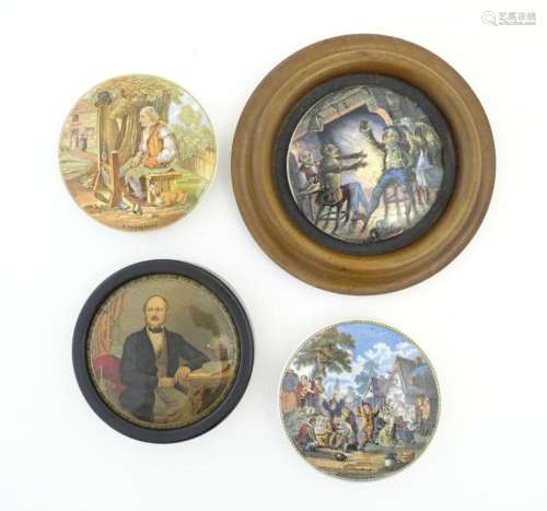 Four Prattware pot lids comprising Tam O' Shanter and So...