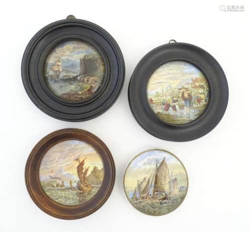 Four Prattware pot lids comprising The Ning Po River, The Ch...