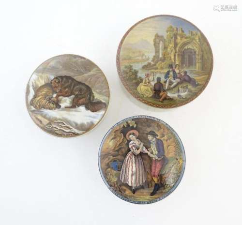 Three Prattware pot lids with bases, comprising The Snow Dri...