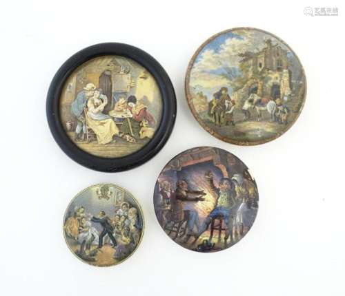 Four Prattware / Staffordshire pot lids comprising Blind Man...