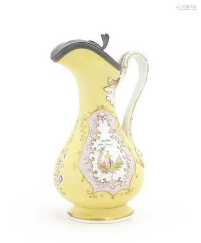A Victorian ewer with hinged pewter lid, the body decorated ...