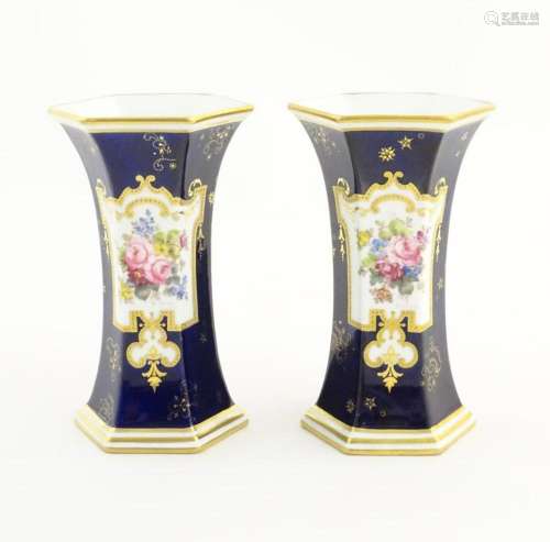 A pair Royal Crown Derby vases of hexagonal flared form with...