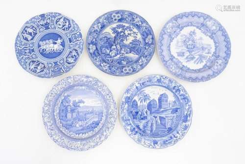 Five blue and white plates in the patterns Greek, Piping She...