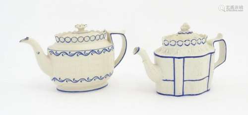 A Castleford Pottery style blue and white teapot with unusua...