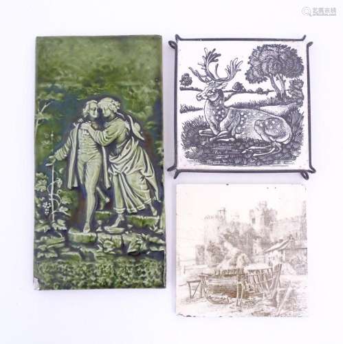 Three assorted tiles to include a monochrome Minton tile dec...