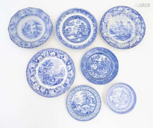 A quantity of assorted blue and white plates, patterns to in...