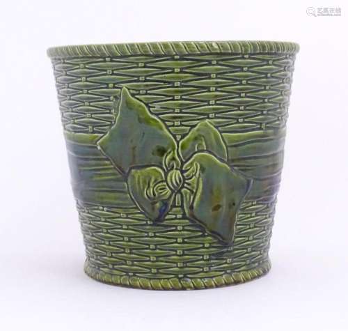 A Minton style majolica planter of tapering form with basket...
