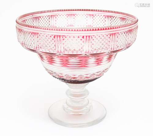 A 19thC cut glass / crystal pedestal bowl with cranberry fla...