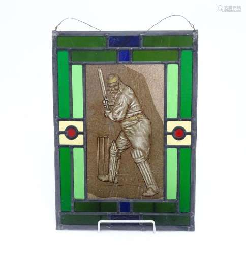 Cricket interest : A stained glass leaded panel depicting th...