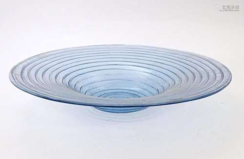 A pale blue glass bowl with swirl detail. Approx 19" di...