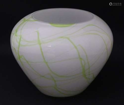 A glass vase with green marbled detail. Approx. 7 1/2" ...