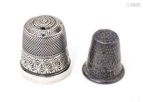 Two white metal thimbles, one titled ' For a good girl (...