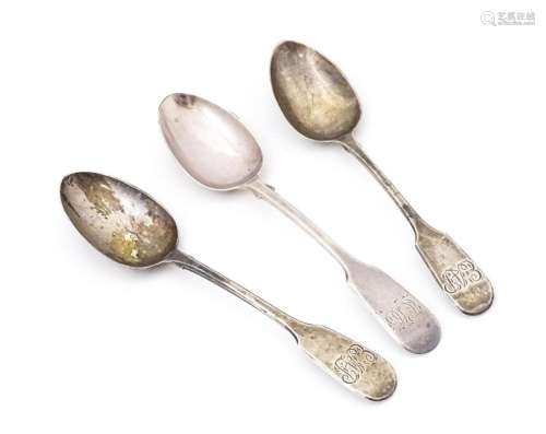 A pair of silver fiddle pattern teaspoons hallmarked Exeter ...