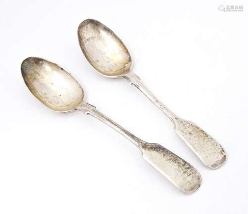 A pair of silver Fiddle pattern teaspoons hallmarked Sheffie...