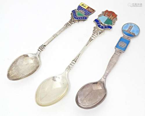 Three silver souvenir spoons with enamel decoration, to incl...