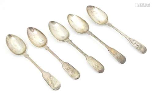 Five 19thC silver Fiddle pattern teaspoons, two hallmarked L...