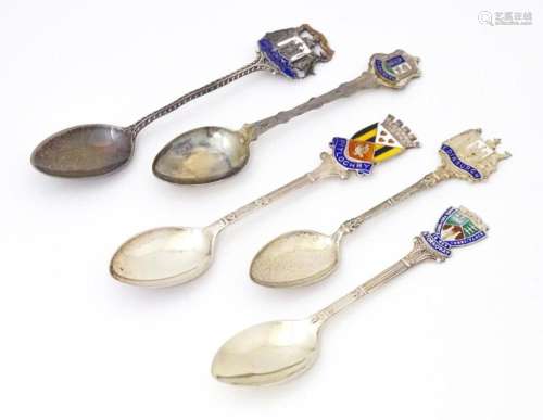 5 assorted silver souvenir tea spoons with enamel decoration...