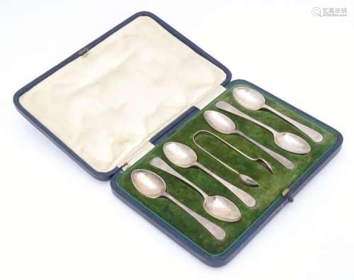 A cased set of six silver teaspoons with tongs en suite, hav...