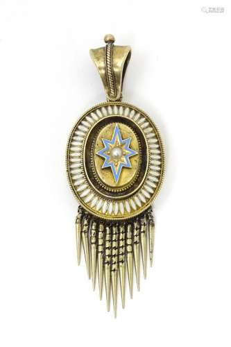 A Victorian yellow metal pendant locket with blue and white ...