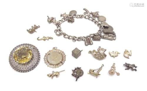 Assorted silver and white metal to include charms, pendant, ...