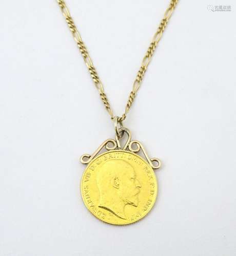 A 1910 half sovereign coin with pendant mount to top, on a 9...