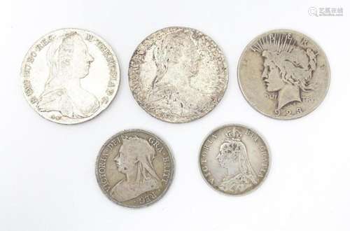 Five assorted coins to include a Victorian half crowns dated...