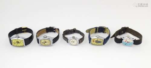 Five assorted vintage novelty watches, the dials decorated w...