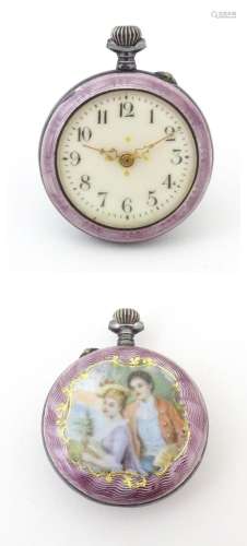 A Continental white metal fob watch with purple guilloche en...