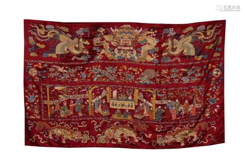 Jiaqing period, Qing Dynasty, red satin one-thread flat gold...