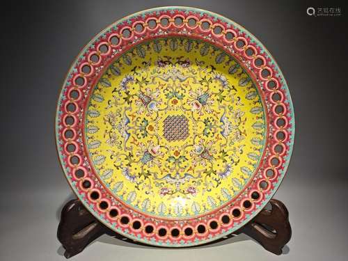 Enamel polyhedron flower hollow-out painted gold dish