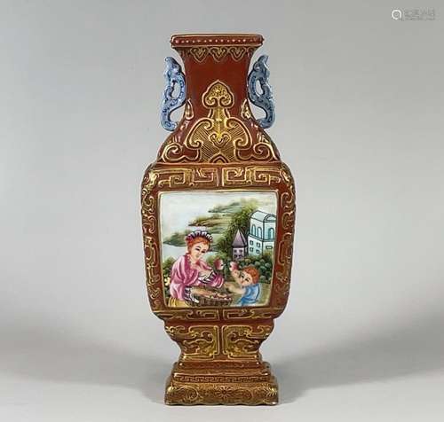 Wall vase with enamel colored Western figures