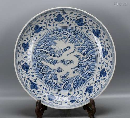 Blue and white twined lotus and five dragons plate