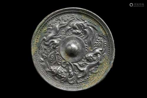 CHINESE TANG DYNASTY BRONZE MIRROR WITH FOUR ANIMALS